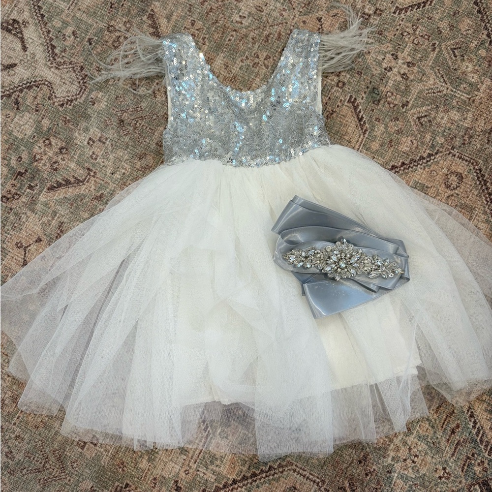 Ostrich feather, Sparkling Silver and White Tulle Dress brand new never worn